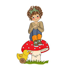 Image showing pretty young girl sitting on a mushroom