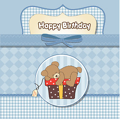 Image showing birthday greeting card with teddy bear and big gift box