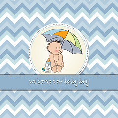 Image showing baby boy shower card with funny baby under his umbrella
