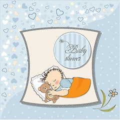 Image showing baby shower card with little baby boy sleep with his teddy bear 