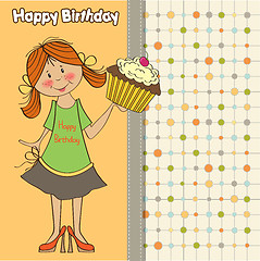 Image showing birthday greeting card with girl and big cupcake