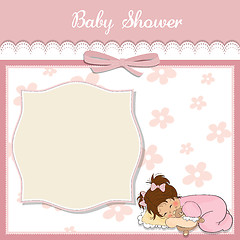 Image showing baby shower card with little baby girl play with her teddy bear 