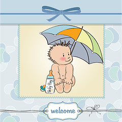 Image showing baby boy shower card with funny baby under his umbrella