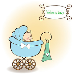 Image showing baby boy announcement card with baby and pram