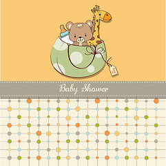 Image showing new baby announcement card with bag and same toys