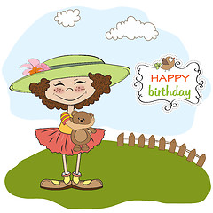 Image showing cute birthday greeting card with girl and her teddy bear