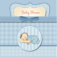 Image showing baby shower card with little baby boy sleep with his teddy bear 