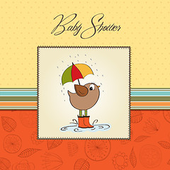 Image showing baby shower card with little bird stand in the rain