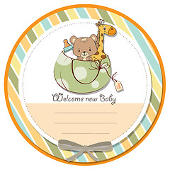 Image showing new baby announcement card with bag and same toys