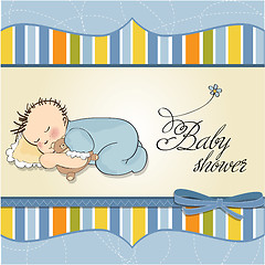 Image showing baby shower card with little baby boy sleep with his teddy bear 