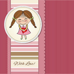 Image showing Funny girl with hearts. Doodle cartoon character.