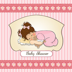 Image showing baby shower card with little baby girl play with her teddy bear 