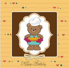 Image showing teddy bear with pie. birthday greeting card