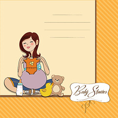 Image showing happy pregnant woman, baby shower card