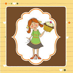 Image showing birthday greeting card with girl and big cupcake