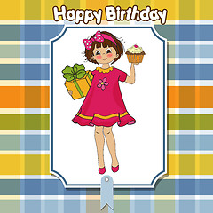 Image showing birthday greeting card with girl and big cupcake