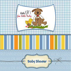 Image showing baby shower card with dog and duck toy