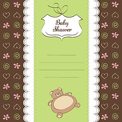 Image showing baby shower card with teddy bear toy