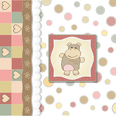 Image showing childish baby girl announcement card with hippo toy