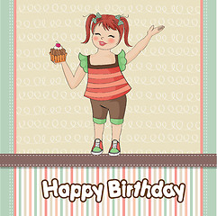 Image showing birthday greeting card with girl and big cupcake