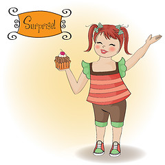 Image showing birthday greeting card with girl and big cupcake