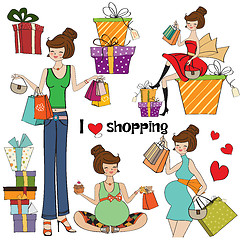 Image showing girls at shopping items set on white background