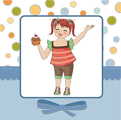 Image showing birthday greeting card with girl and big cupcake