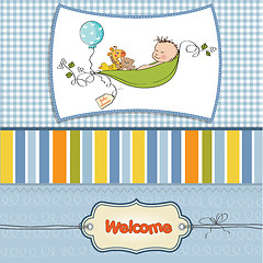 Image showing little boy sleeping in a pea been, baby announcement card