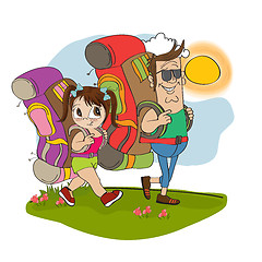 Image showing father and daughter tourist traveling with backpacks