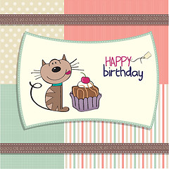 Image showing birthday greeting card with a cat waiting to eat a cake