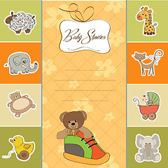 Image showing baby shower card with teddy bear hidden in a shoe