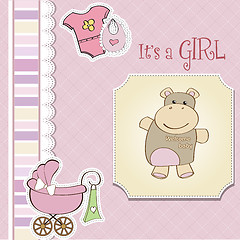 Image showing childish baby girl announcement card with hippo toy