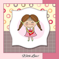 Image showing Funny girl with hearts. Doodle cartoon character.