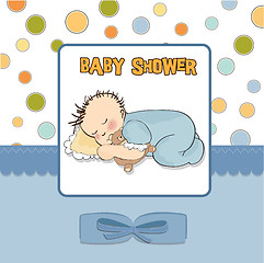 Image showing baby shower card with little baby boy sleep with his teddy bear 