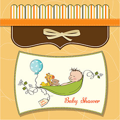 Image showing little boy sleeping in a pea been, baby announcement card