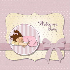 Image showing baby shower card with little baby girl play with her teddy bear 