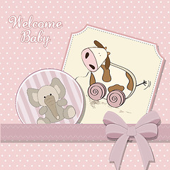 Image showing Baby shower card with cute cow toy