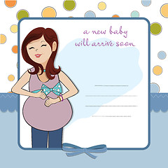 Image showing happy pregnant woman, baby shower card