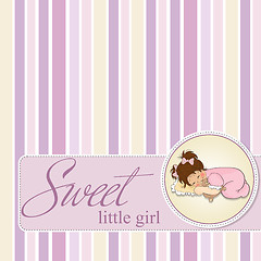 Image showing baby shower card with little baby girl play with her teddy bear 