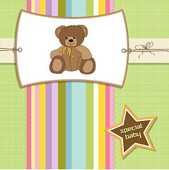 Image showing baby shower card with teddy bear toy