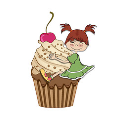 Image showing birthday card with funny girl perched on cupcake