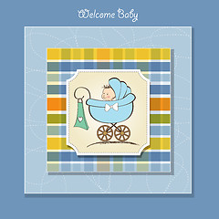 Image showing baby boy announcement card with baby and pram