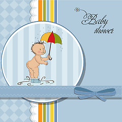 Image showing baby boy shower card with funny baby under his umbrella