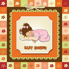 Image showing baby shower card with little baby girl play with her teddy bear 