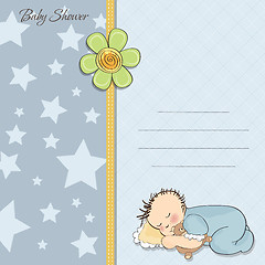 Image showing baby shower card with little baby boy sleep with his teddy bear 