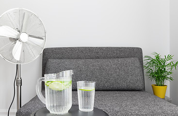 Image showing Electric fan and water to cool down