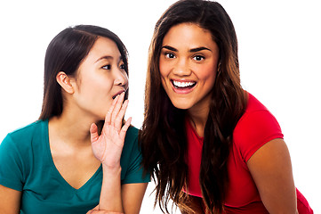 Image showing Two young girls gossiping