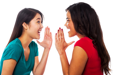 Image showing Two girls sharing their secrets