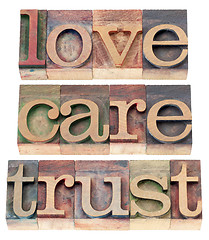 Image showing trust, love, respect in wood type