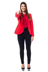 Image showing Confident corporate woman pointing you out